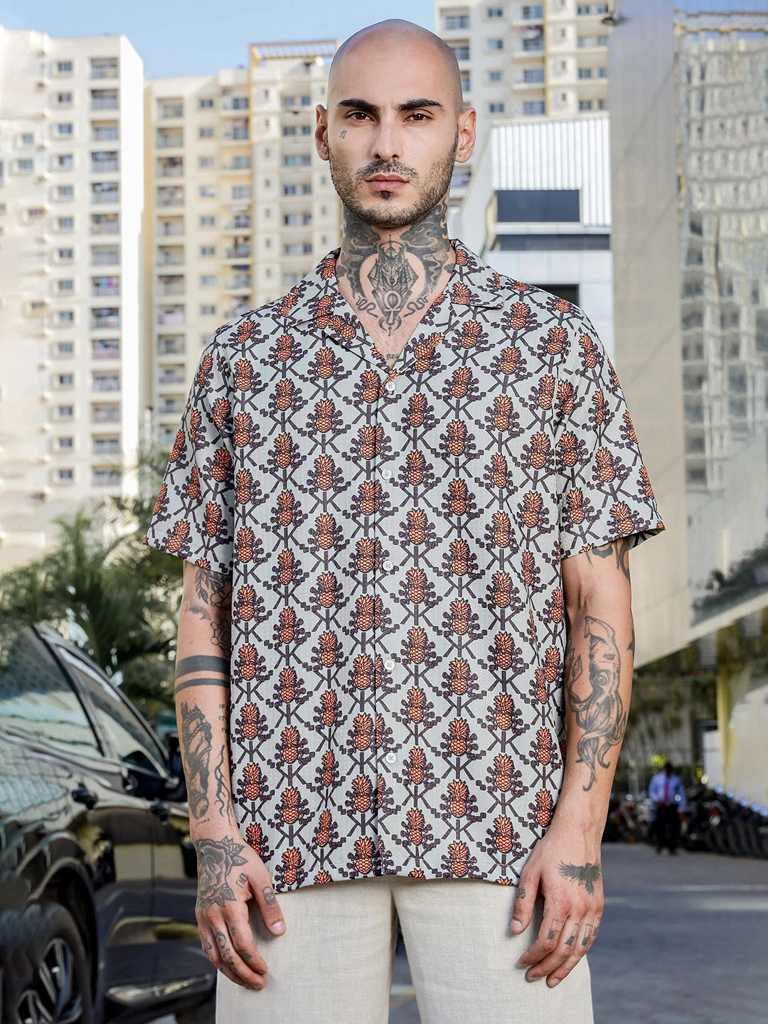 House Of Koala Beige Textured Printed Relaxed Fit Cuban Collar Resort Shirt