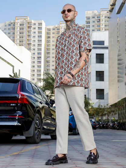 House Of Koala Beige Textured Printed Relaxed Fit Cuban Collar Resort Shirt