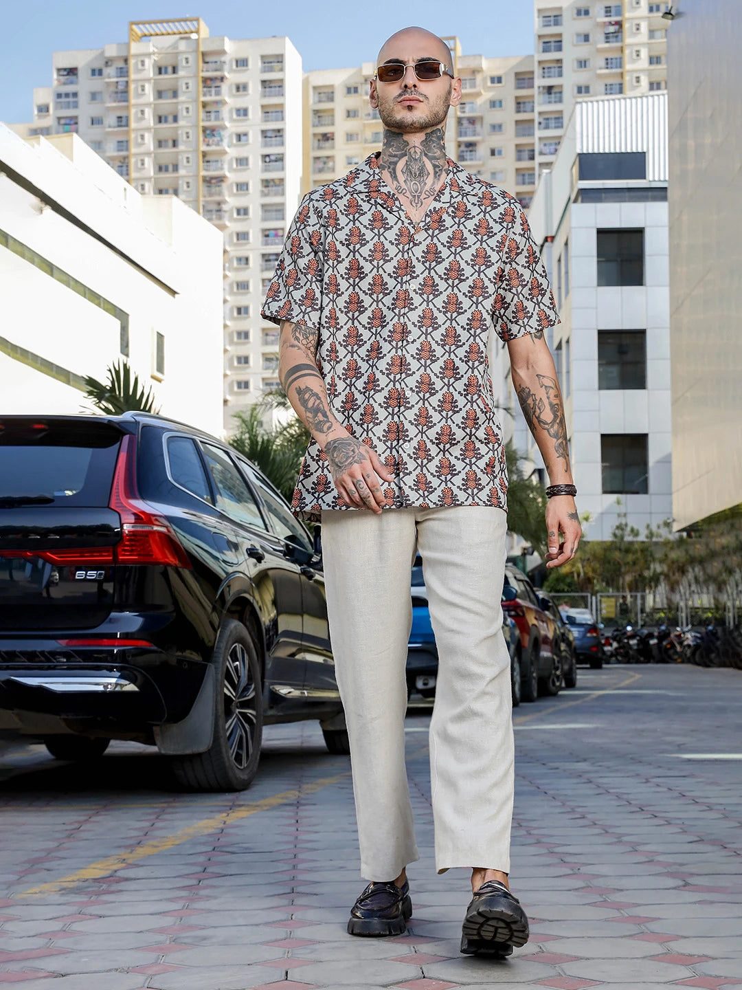 House Of Koala Beige Textured Printed Relaxed Fit Cuban Collar Resort Shirt