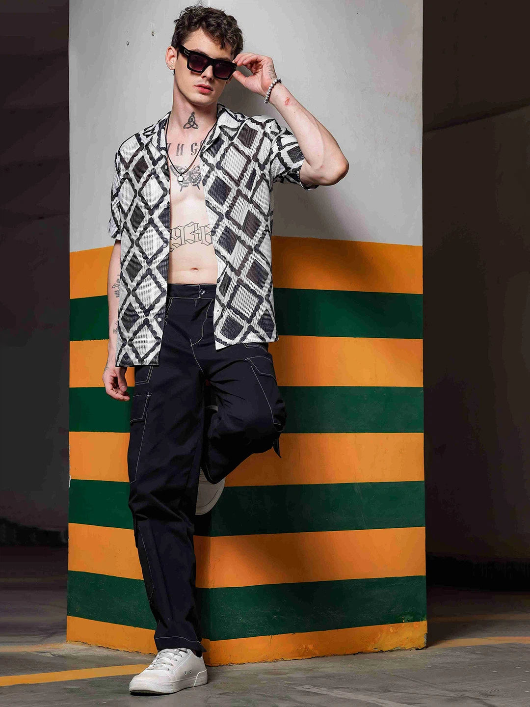House Of Koala Black Printed Regular Fit Semi Sheer Crochet-Look Resort Shirt