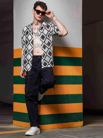 House Of Koala Black Printed Regular Fit Semi Sheer Crochet-Look Resort Shirt