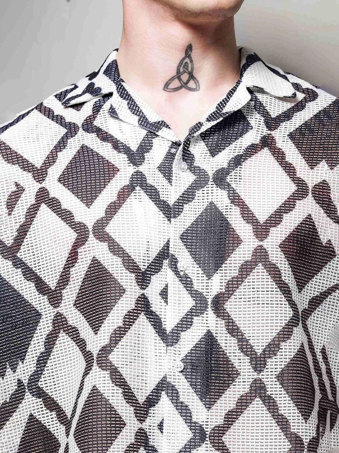 House Of Koala Black Printed Regular Fit Semi Sheer Crochet-Look Resort Shirt