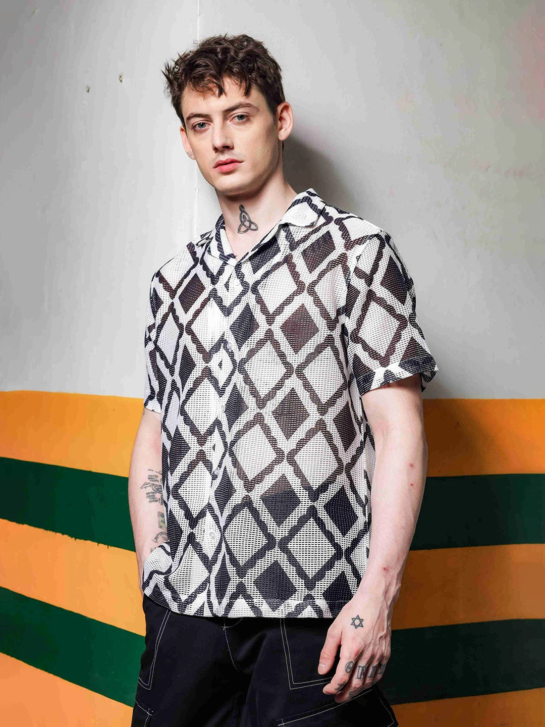 House Of Koala Black Printed Regular Fit Semi Sheer Crochet-Look Resort Shirt