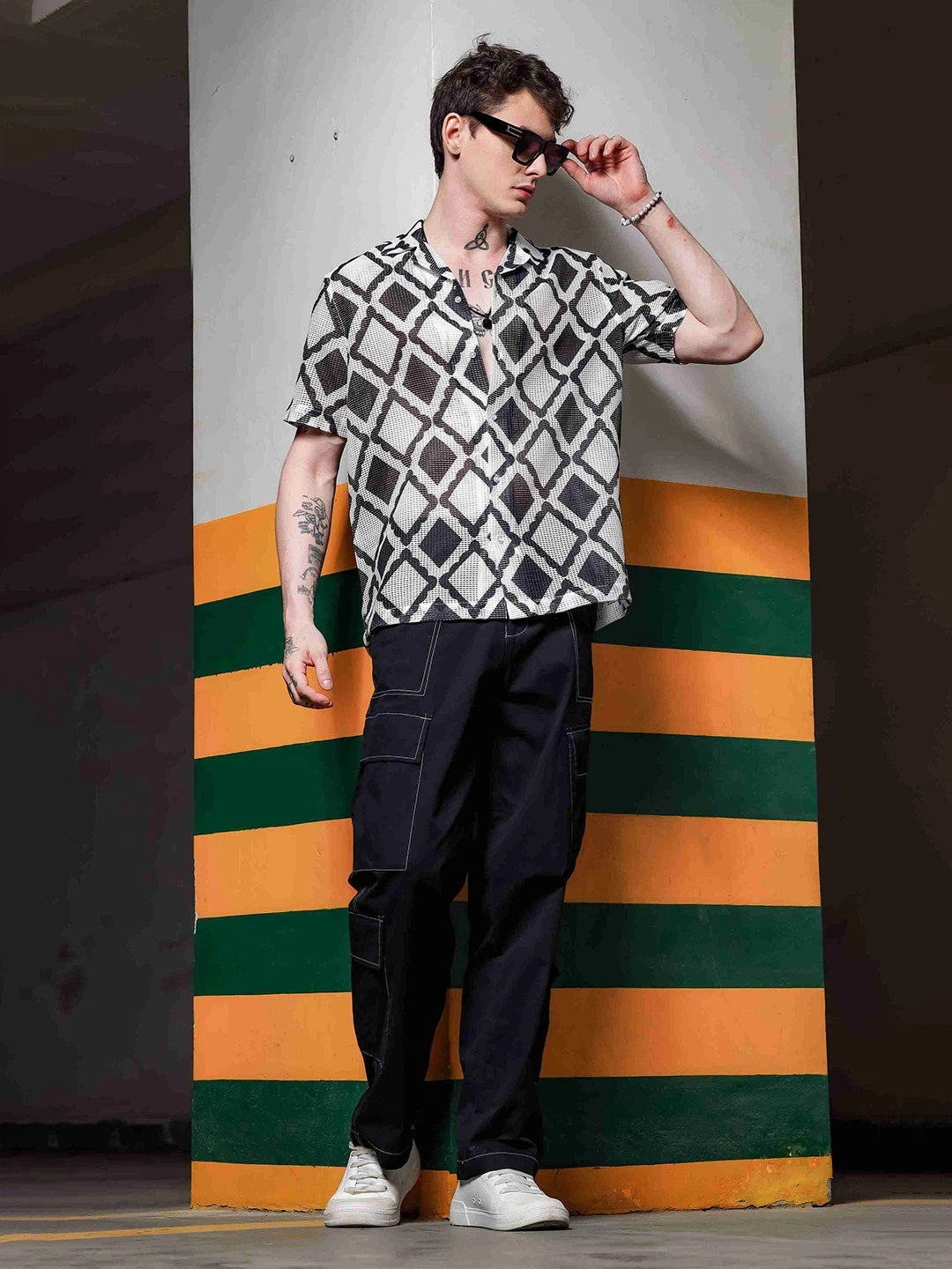 House Of Koala Black Printed Regular Fit Semi Sheer Crochet-Look Resort Shirt