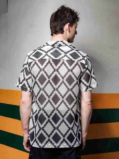 House Of Koala Black Printed Regular Fit Semi Sheer Crochet-Look Resort Shirt