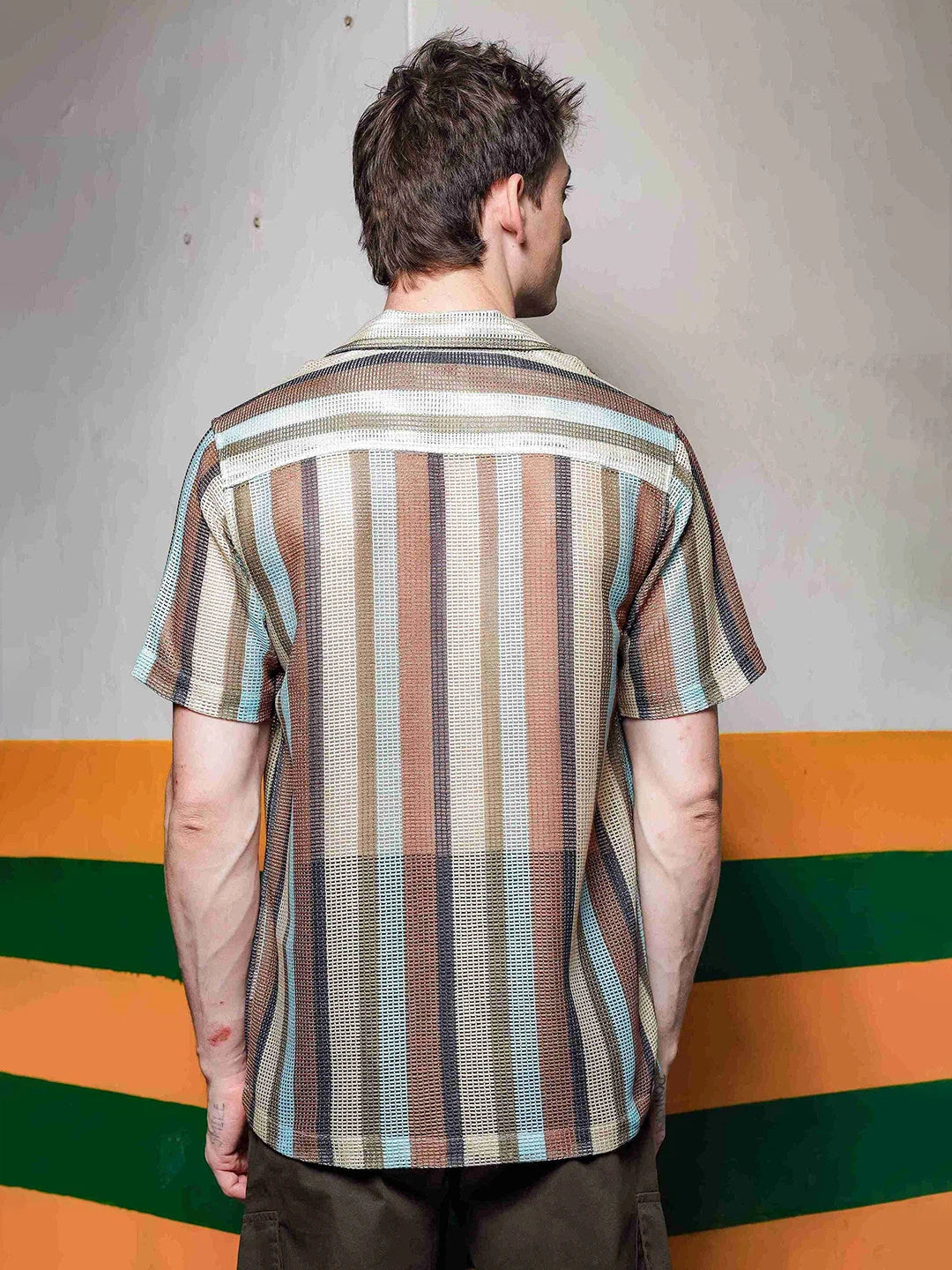 House Of Koala Regular Fit Brown Striped Semi Sheer Crochet-Look Resort Shirt