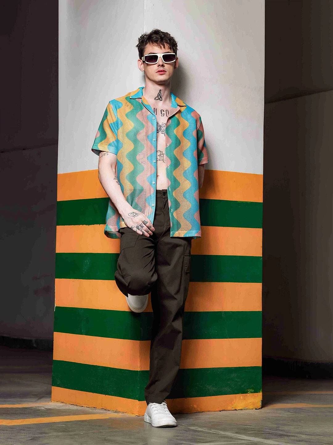 House Of Koala Relaxed Fit Semi Sheer Crochet-Look Resort Shirt