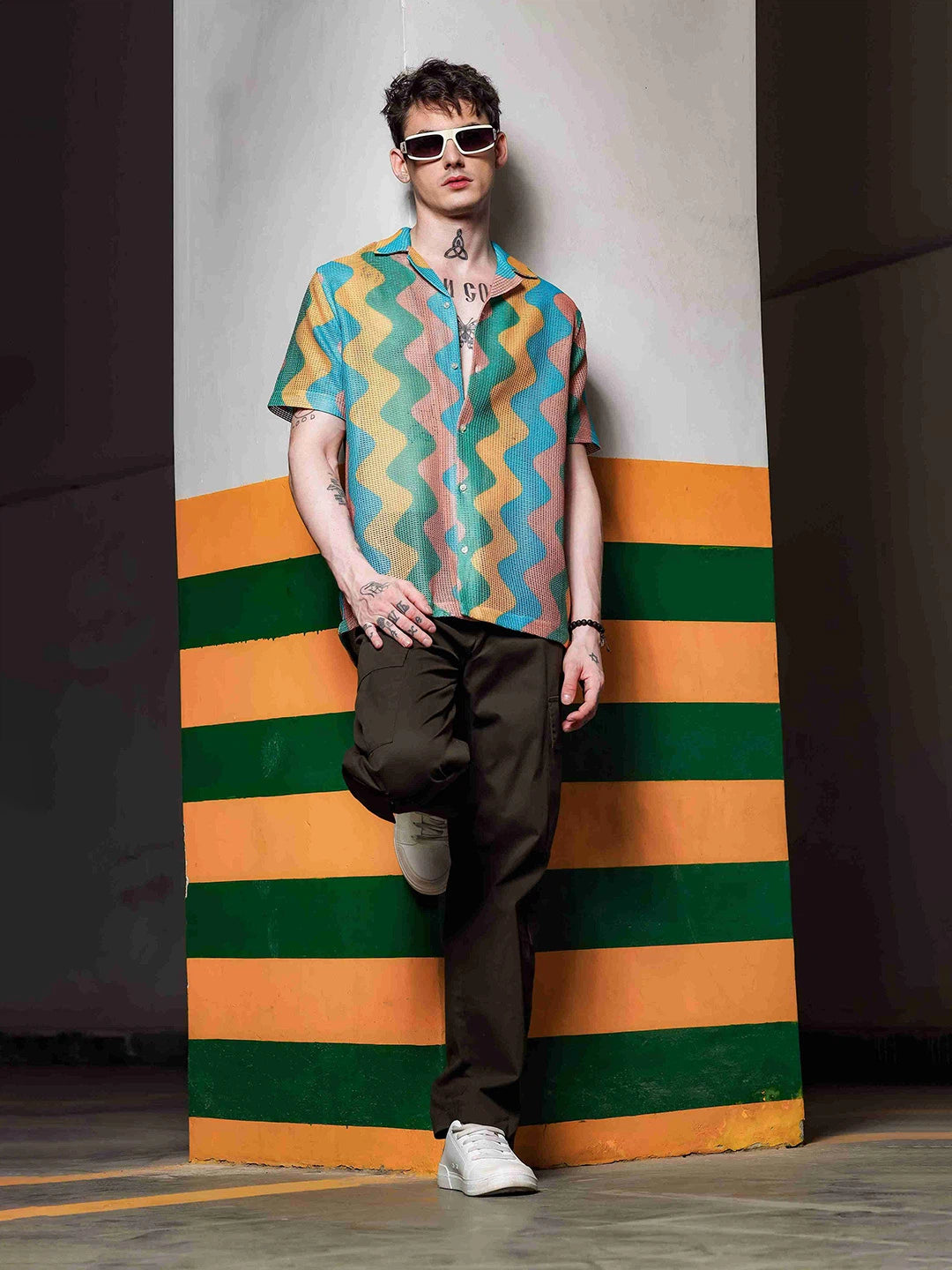 House Of Koala Relaxed Fit Semi Sheer Crochet-Look Resort Shirt