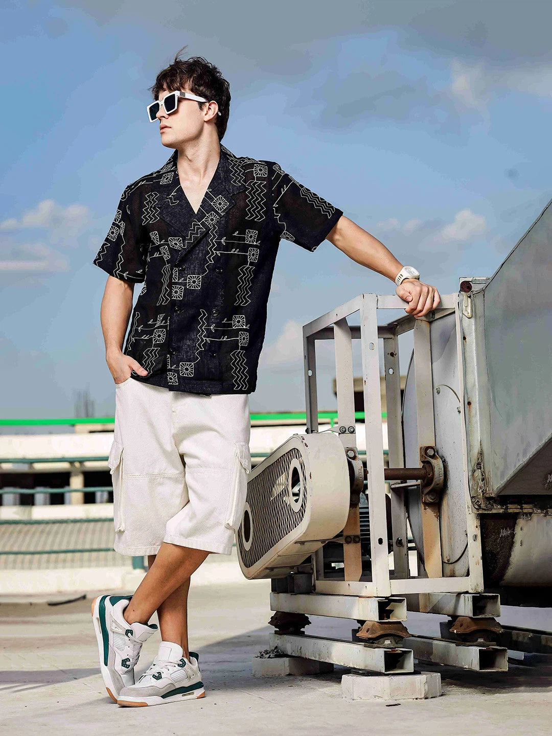 House Of Koala Linen Blend Black Korean Notched Lapel Collar Resort Shirt