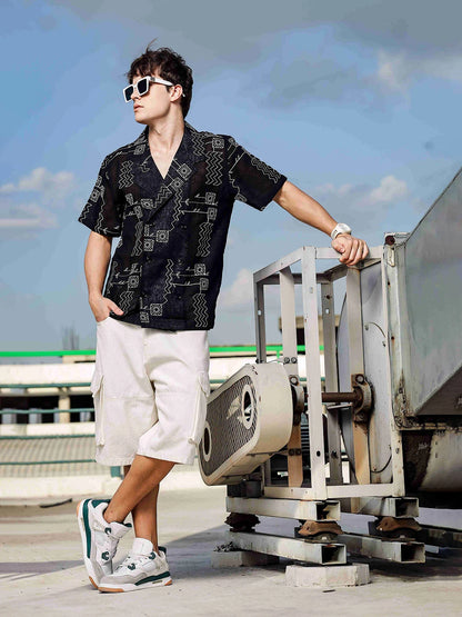 House Of Koala Linen Blend Black Korean Notched Lapel Collar Resort Shirt