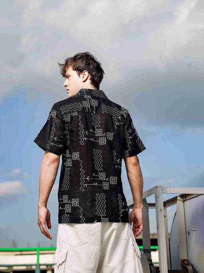 House Of Koala Linen Blend Black Korean Notched Lapel Collar Resort Shirt