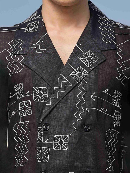 House Of Koala Linen Blend Black Korean Notched Lapel Collar Resort Shirt