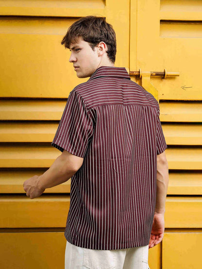House Of Koala Brown Stripe Korean Notched Lapel Collar Resort Shirt