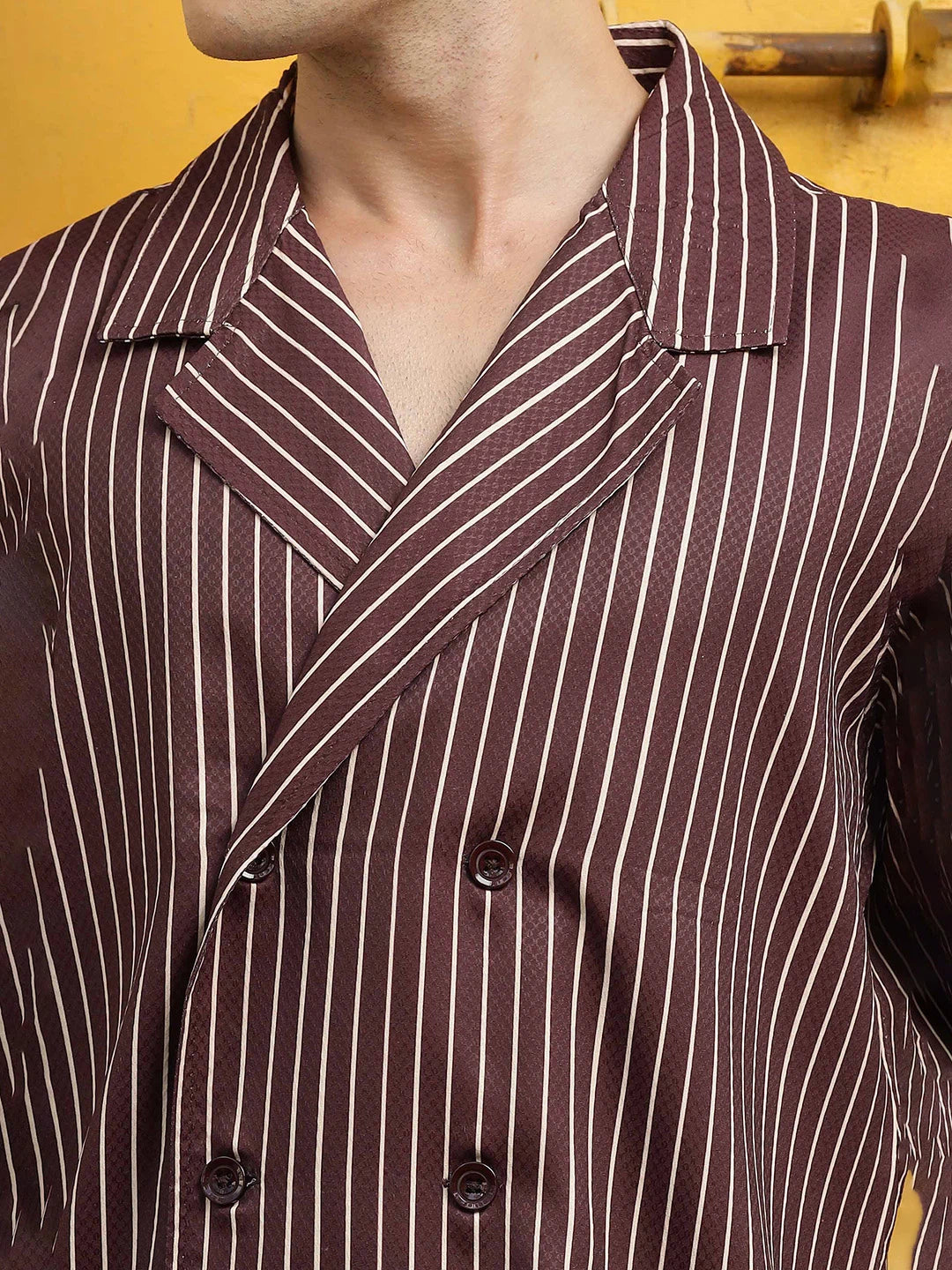 House Of Koala Brown Stripe Korean Notched Lapel Collar Resort Shirt