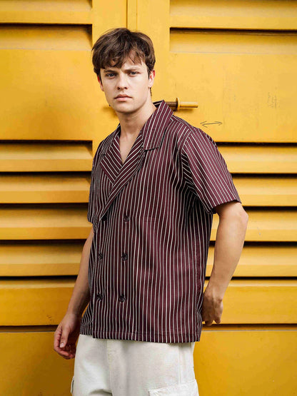 House Of Koala Brown Stripe Korean Notched Lapel Collar Resort Shirt