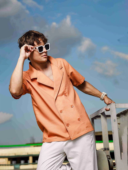 House Of Koala Textured Camel Korean Notched Lapel Collar Resort Shirt