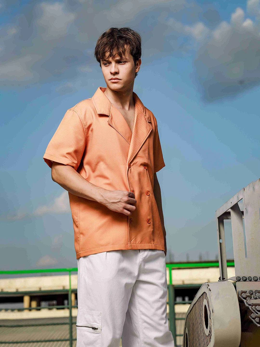 House Of Koala Textured Camel Korean Notched Lapel Collar Resort Shirt