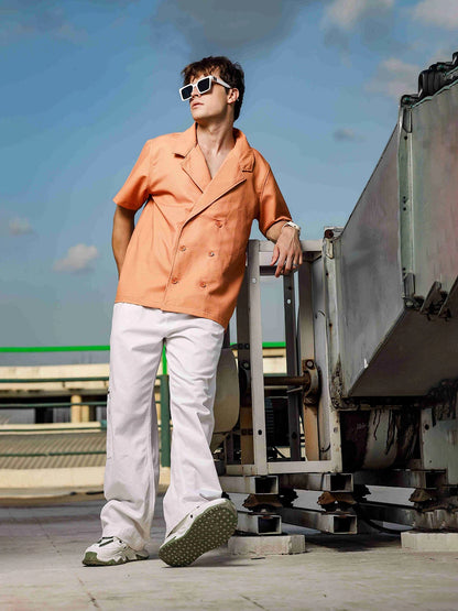 House Of Koala Textured Camel Korean Notched Lapel Collar Resort Shirt