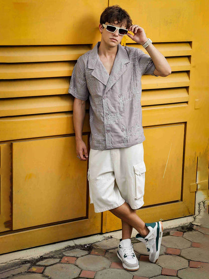 House Of Koala Linen Blend Grey Korean Notched Lapel Collar Resort Shirt