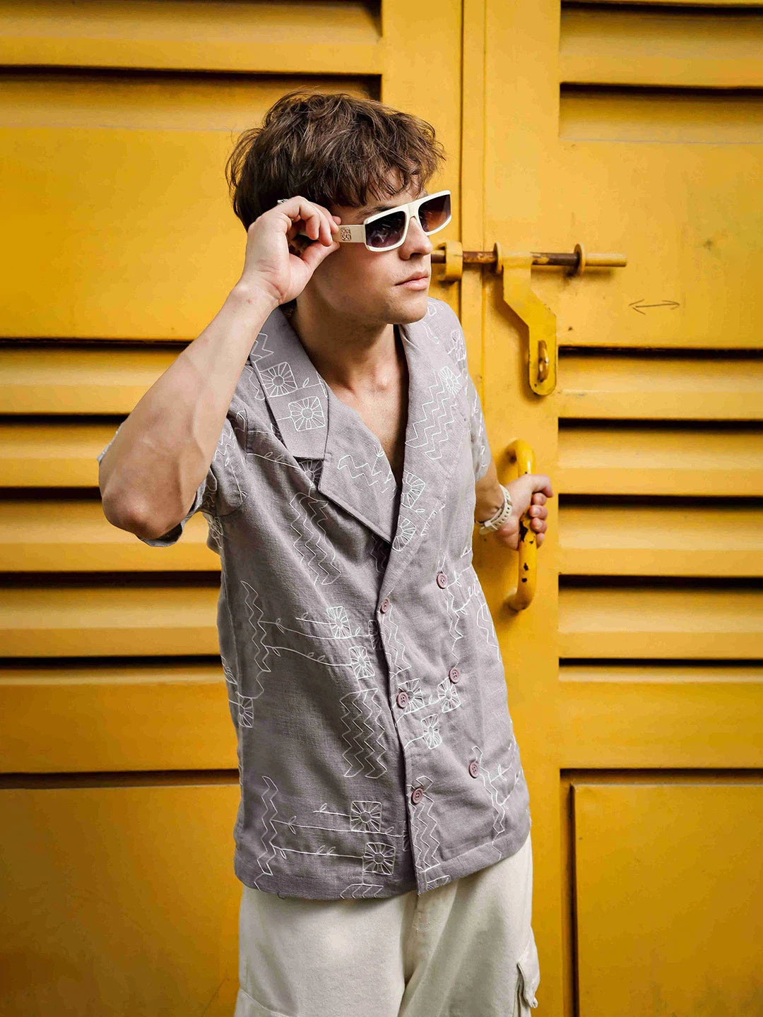 House Of Koala Linen Blend Grey Korean Notched Lapel Collar Resort Shirt