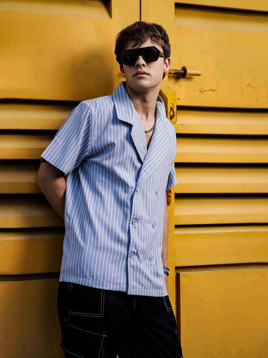 House Of Koala Grey PinStripe Textured Korean Notched Lapel Collar Resort Shirt