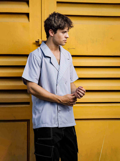 House Of Koala Grey PinStripe Textured Korean Notched Lapel Collar Resort Shirt