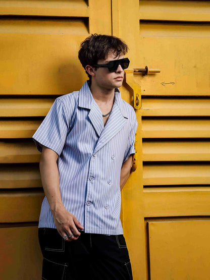 House Of Koala Grey PinStripe Textured Korean Notched Lapel Collar Resort Shirt