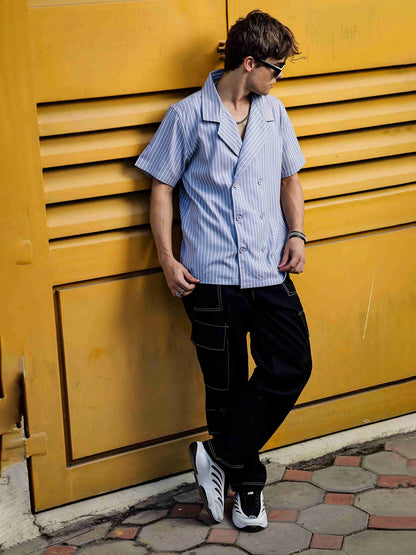 House Of Koala Grey PinStripe Textured Korean Notched Lapel Collar Resort Shirt