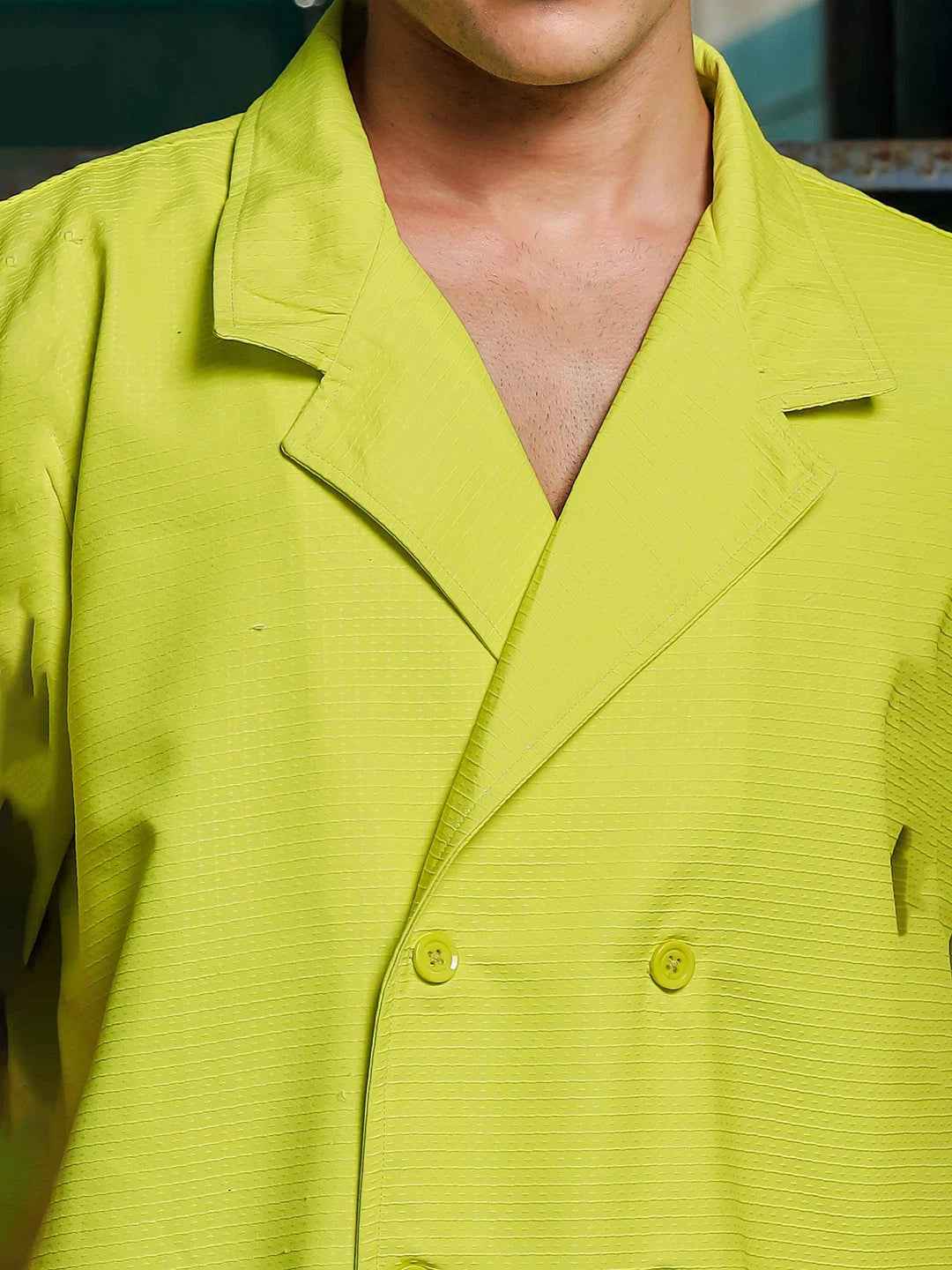 House Of Koala Textured Lime Green Korean Notched Lapel Collar Resort Shirt