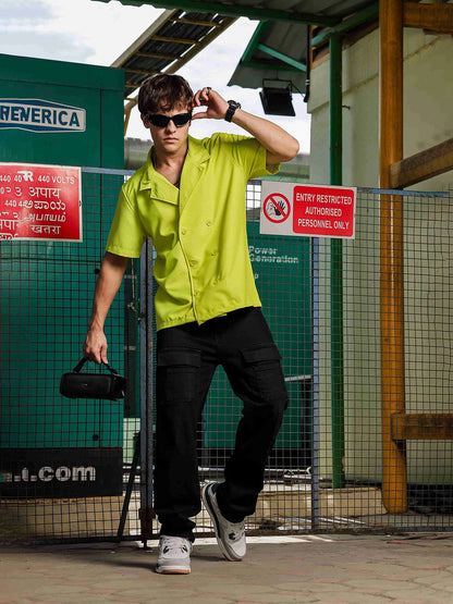House Of Koala Textured Lime Green Korean Notched Lapel Collar Resort Shirt