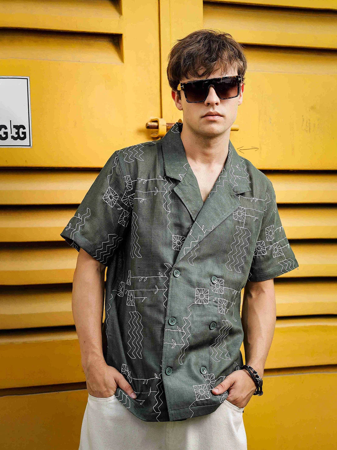 House Of Koala Linen Blend Olive Korean Notched Lapel Collar Resort Shirt