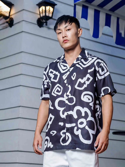House Of Koala Black Abstract Floral Printed Cuban Collar Oversized Resort Shirt