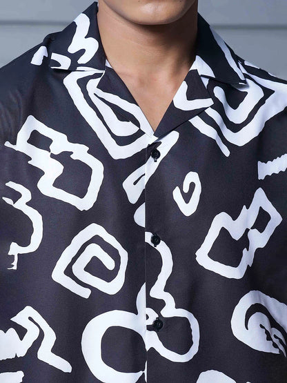 House Of Koala Black Abstract Floral Printed Cuban Collar Oversized Resort Shirt