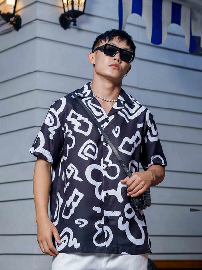 House Of Koala Black Abstract Floral Printed Cuban Collar Oversized Resort Shirt