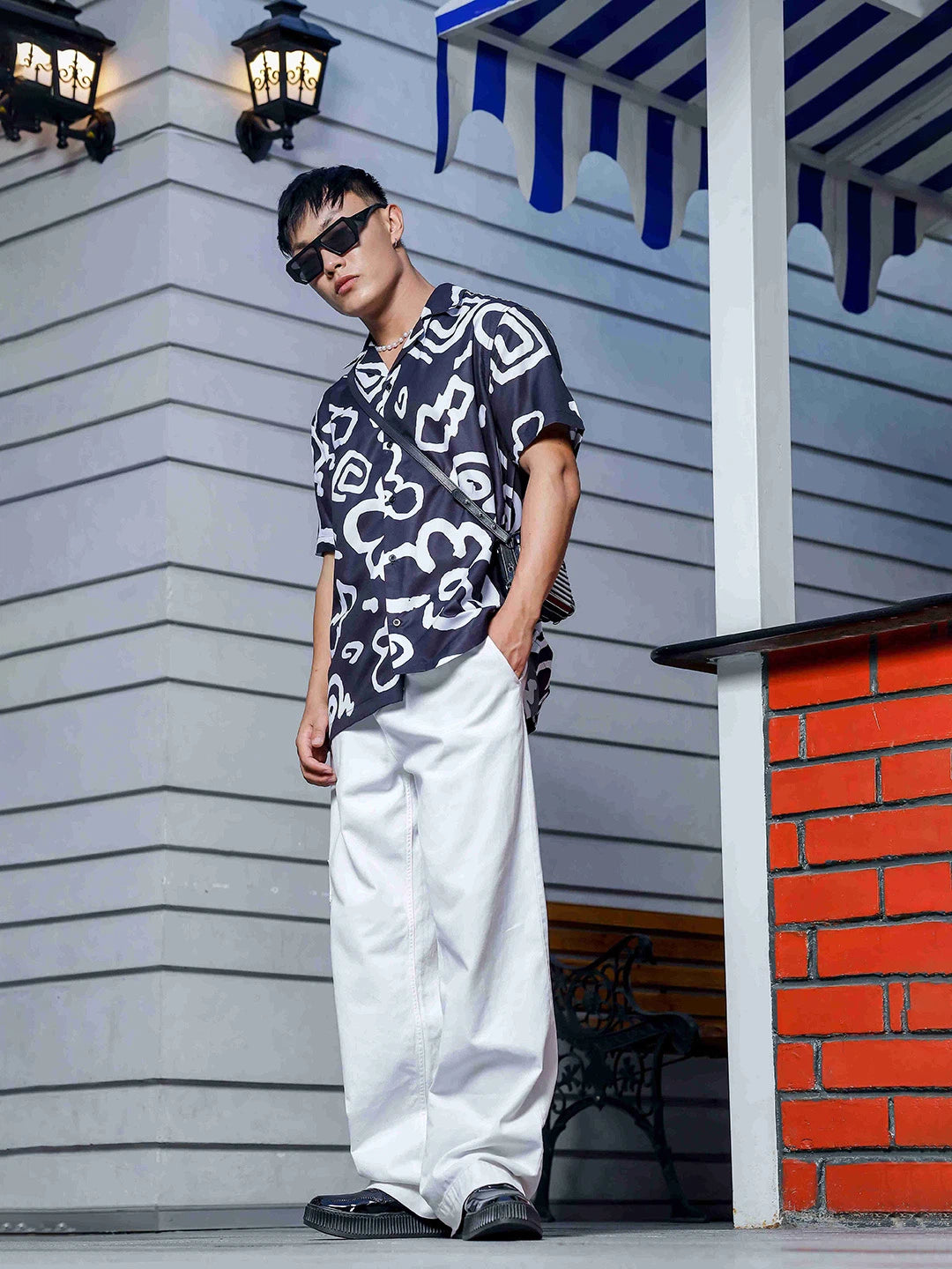 House Of Koala Black Abstract Floral Printed Cuban Collar Oversized Resort Shirt
