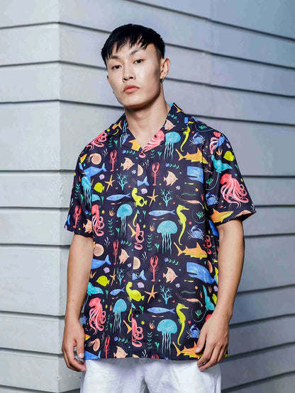 House Of Koala Black Abstract Printed Cuban Collar Classic Relaxed Fit Resort Shirt