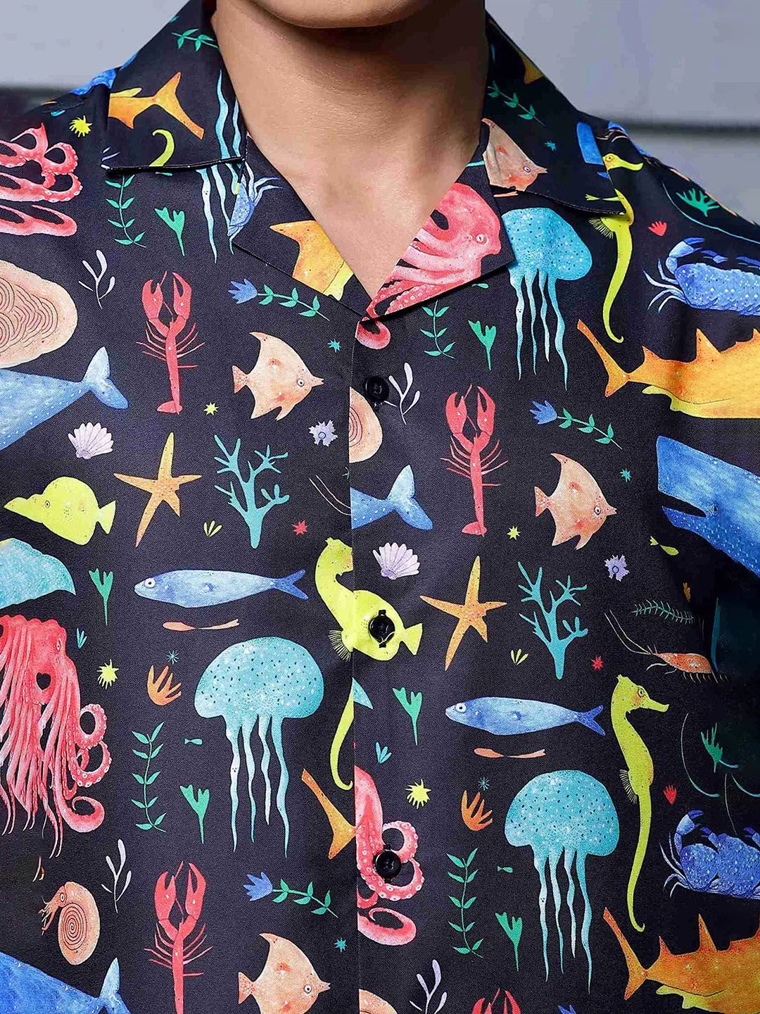 House Of Koala Black Abstract Printed Cuban Collar Classic Relaxed Fit Resort Shirt