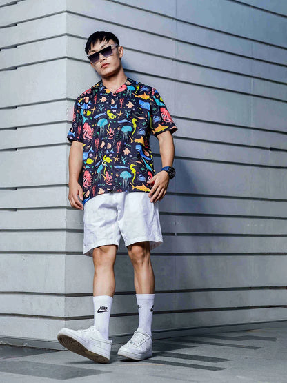 House Of Koala Black Abstract Printed Cuban Collar Classic Relaxed Fit Resort Shirt