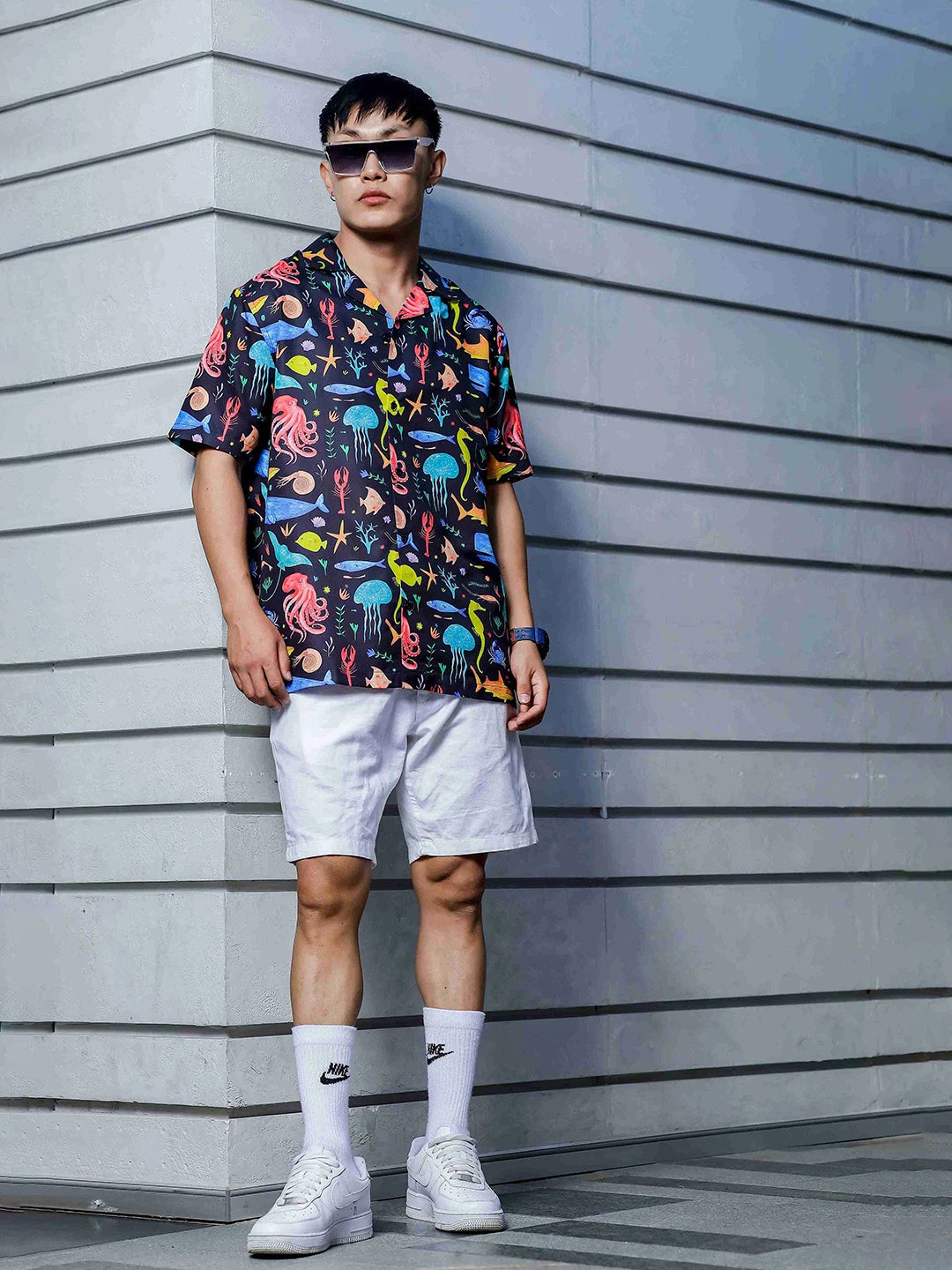 House Of Koala Black Abstract Printed Cuban Collar Classic Relaxed Fit Resort Shirt