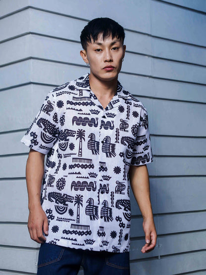 House Of Koala White Linen Blend Aztec Print Cuban Collar Oversized Resort Shirt