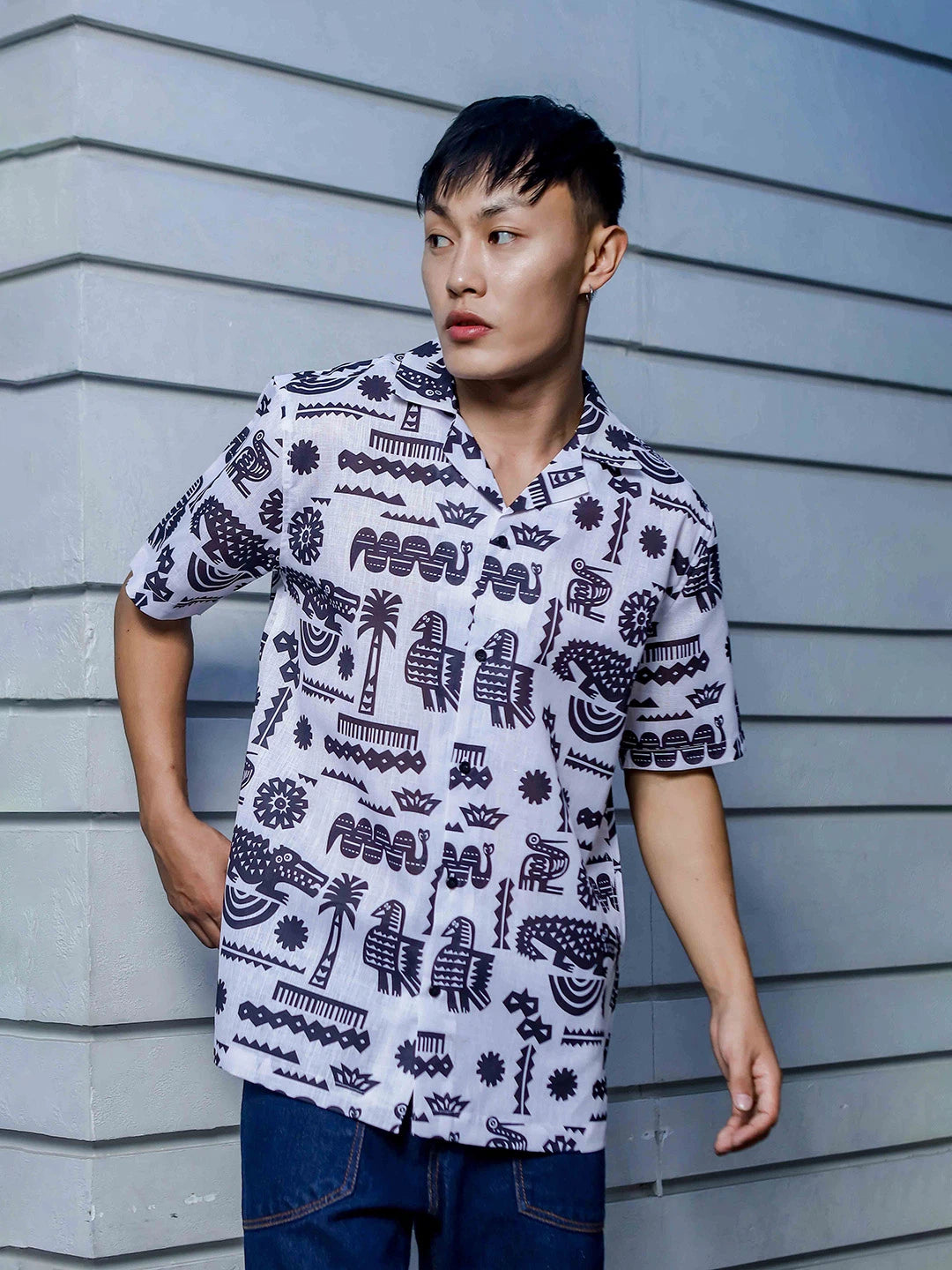 House Of Koala White Linen Blend Aztec Print Cuban Collar Oversized Resort Shirt