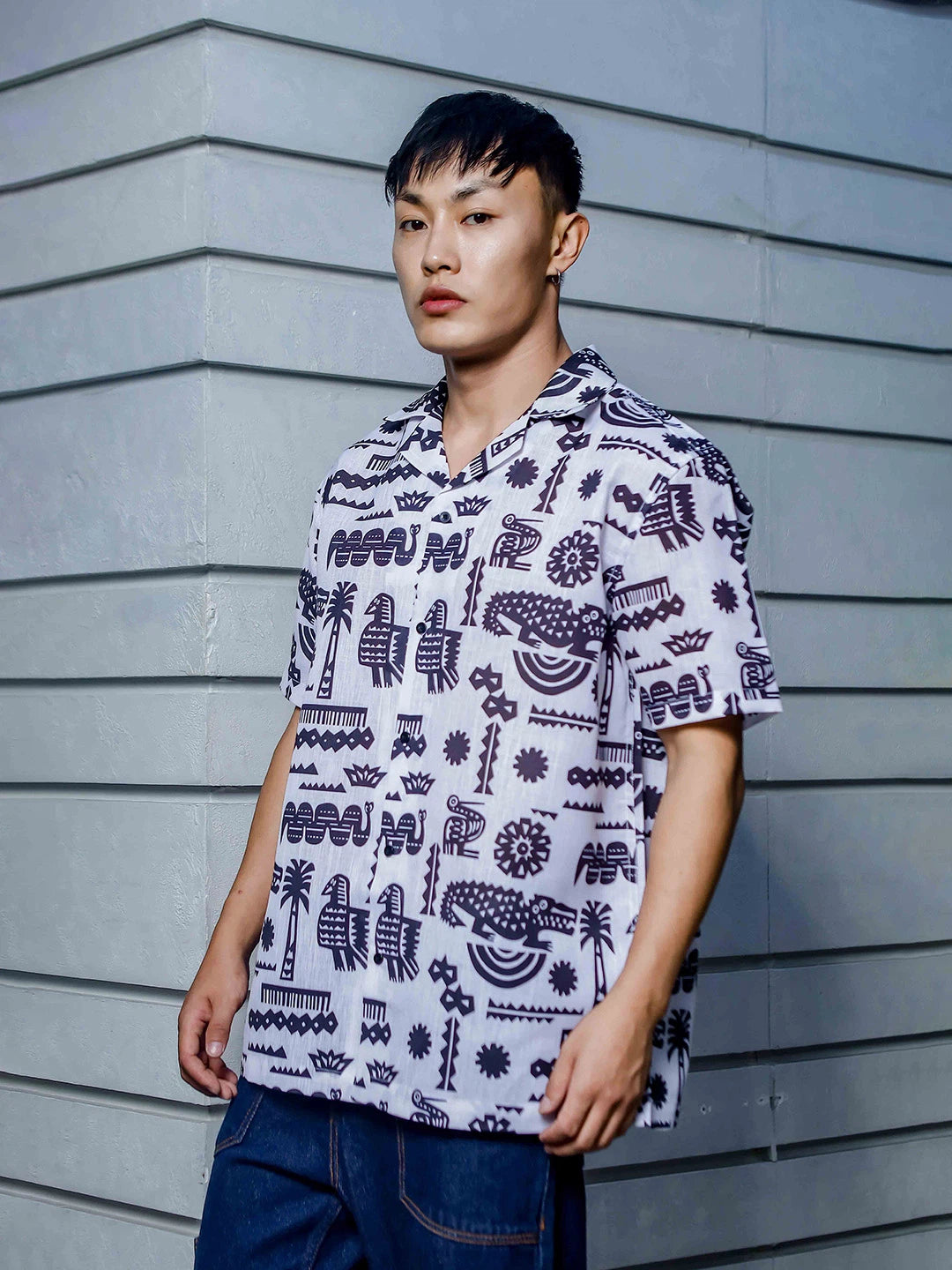 House Of Koala White Linen Blend Aztec Print Cuban Collar Oversized Resort Shirt