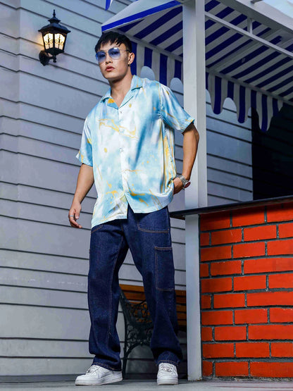House Of Koala Blue Tie & Dye Satin Print Cuban Collar Oversized Resort Shirt
