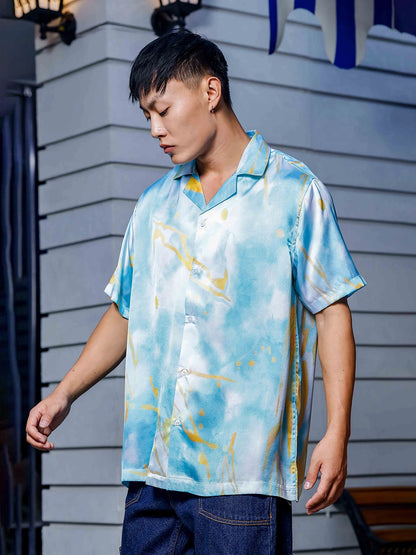 House Of Koala Blue Tie & Dye Satin Print Cuban Collar Oversized Resort Shirt