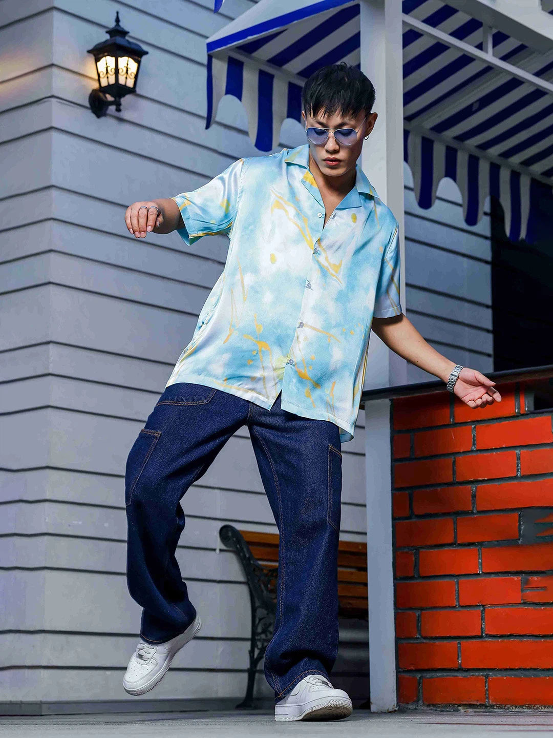 House Of Koala Blue Tie & Dye Satin Print Cuban Collar Oversized Resort Shirt