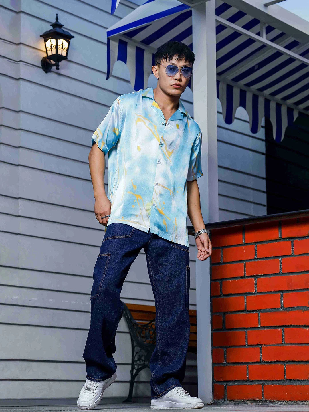 House Of Koala Blue Tie & Dye Satin Print Cuban Collar Oversized Resort Shirt