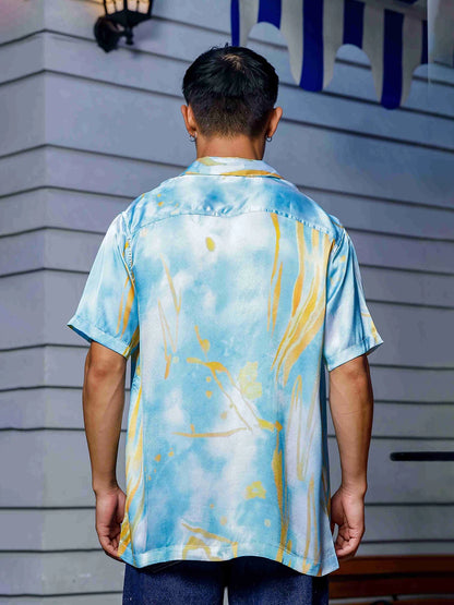 House Of Koala Blue Tie & Dye Satin Print Cuban Collar Oversized Resort Shirt