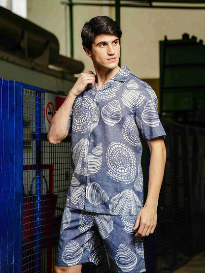 House Of Koala Grey Tropical Print Linen Blend Classic Cuban Collar Resort Shirt
