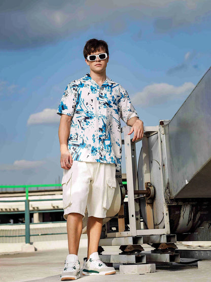 House Of Koala Off White Abstract Print Cuban Collar Relaxed Fit Resort Shirt
