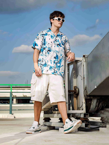 House Of Koala Off White Abstract Print Cuban Collar Relaxed Fit Resort Shirt